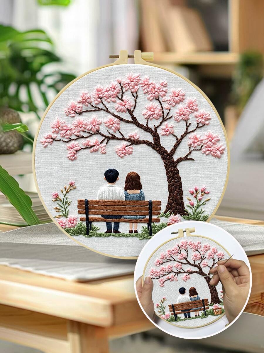 1 Bộ thêu, 15x15cm/5,9x5,9in - 20x20cm/7,9x7,9 inch, Dành cho các cặp đôi dưới gốc cây hoa anh đào, Bộ thêu thủ công DIY phù hợp cho người lớn và người mới bắt đầu, Bao gồm hướng dẫn sử dụng, vải in, khung thêu, kim và chỉ, quà tặng Giáng sinh cho gia đình và bạn bè