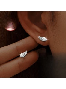 Pair Of Women's Fashion Ear Studs With Angel Feather Wings, Light Luxury Style, 1.12g925 Silver Inlaid Synthetic Synthetic Zirconia, Suitable For Daily Wear, Parties, Vacations, Gifts And Beach - Bạc - Xem 6