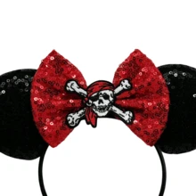 Disney 1件闪亮卡通加勒比海盗骷髅主题大耳朵亮片发箍，女士城堡游乐园装饰发饰，学生派对服装头饰 - 黑色 - 查看 4