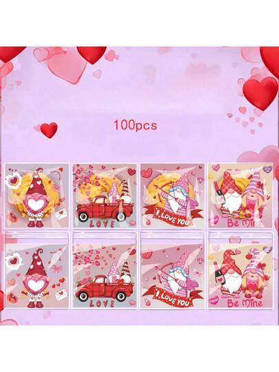100pcs Heart Pattern Gift Packaging Bags, Transparent Self-Adhesive Bags, Mixed Designs, Full Of Love And Romance, Suitable For Valentine's Day, Wedding, Birthday, Anniversary Party Gifts Packaging