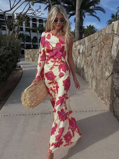 Printed One-Shoulder Dress, Fitted Waist Mermaid Hem, Vacation Style Elegant Slimming Dress Spring