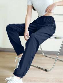 1pc Teen Girls' Solid Color Minimalist Casual Jogger Pants, Versatile For Commuting And School Wear, All Season - Navy Blue - View 7