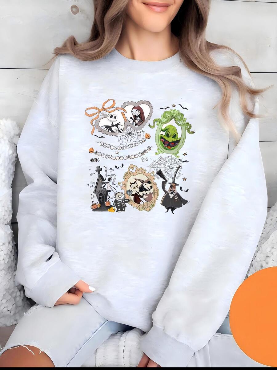 Vintage Nightmare Before Christmas Coquette Sweatshirt,  Coquette Bow Youth Tee, Nightmare Before Christmas,  Bash 2025 Sweatshirt - 灰色 - 查看 1
