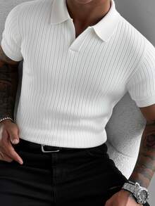 Men's Ribbed Airplane Collar Polo Knit Shirt, Short Sleeve, Summer Fashion - White - View 1