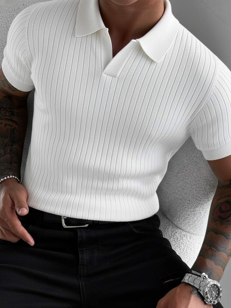 Men's Ribbed Airplane Collar Polo Knit Shirt, Short Sleeve, Summer Fashion - White - View 1
