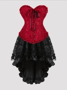 Jutrisujo Corset Dress And Skirt Set 2-Piece Style Plus Size Bustier Gothic Brocade Lace Costume Renaissance Halloween - 819Wine Red+7056black - 查看 1