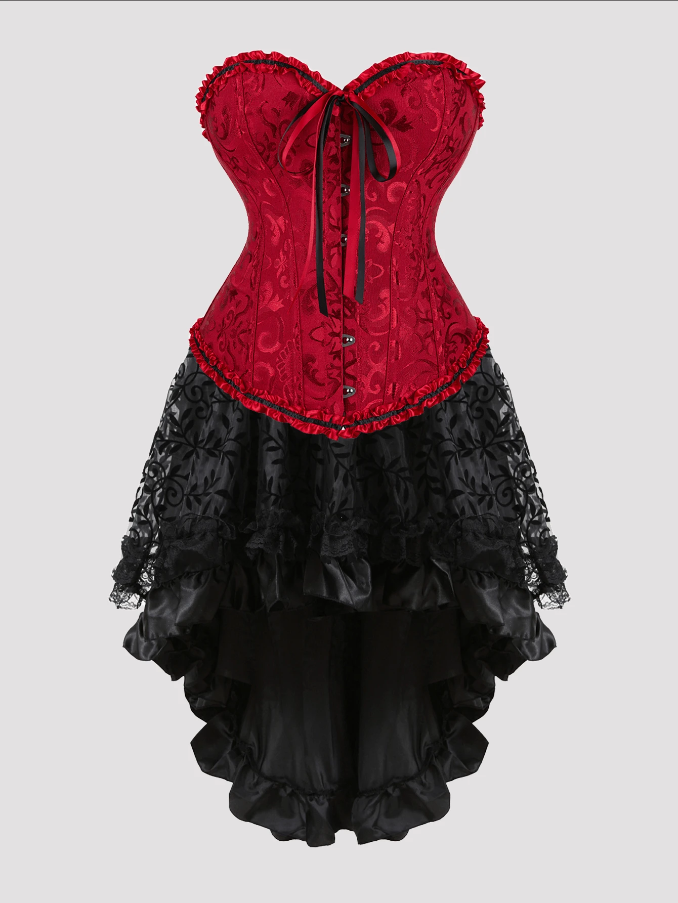 Jutrisujo Corset Dress And Skirt Set 2-Piece Style Plus Size Bustier Gothic Brocade Lace Costume Renaissance Halloween - 819Wine Red+7056black - 查看 1