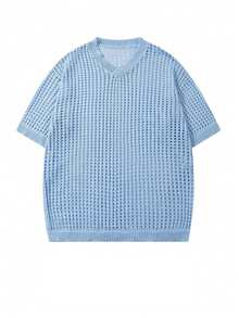 Unisex Casual Loose Fit Solid Blue Hollow V-Neck Short Sleeve Knit Top, Comfortable Spring/Summer - Blue - View 2