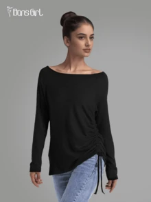 DonsGirl 一件装女士芭蕾舞保暖毛衣，法式船领设计，超柔软针织长袖，腰部抽绳设计，瑜伽家居服 - 黑色 - 查看 5