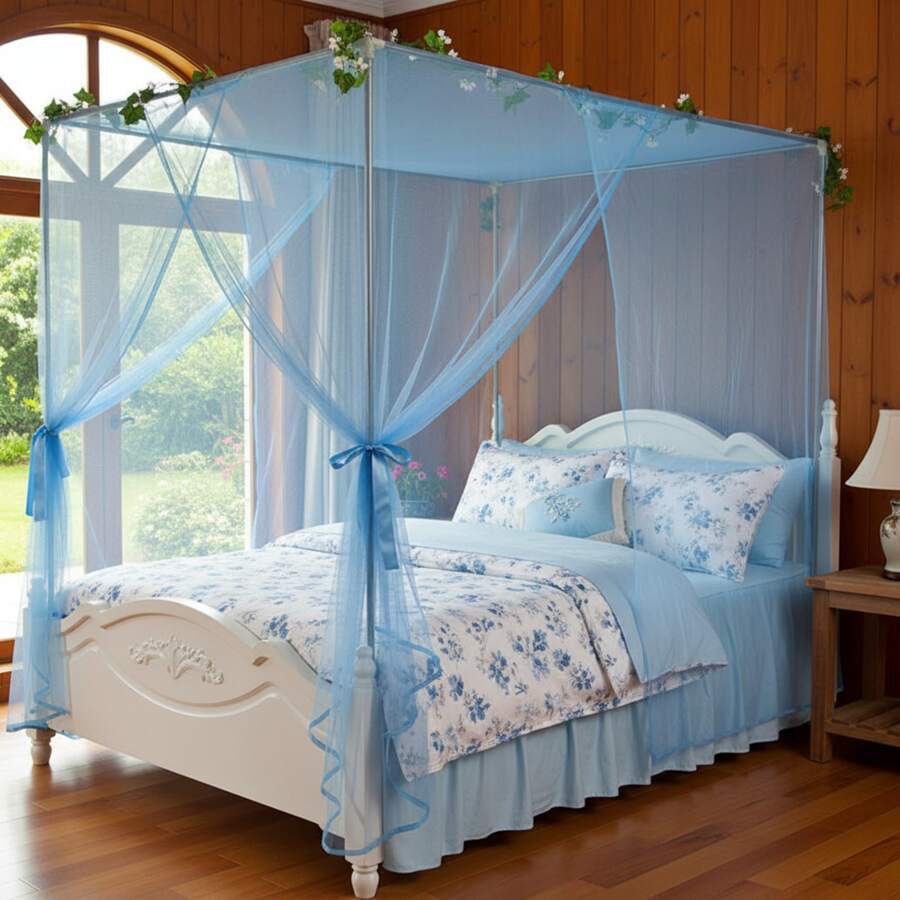 Summer Home Mosquito Nets 4 Corner Post Bed Canopy Net Double Bed Lightweight Fashion Bedding Mosquito Nets - Azul - Ver 1
