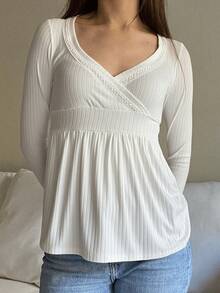 Women Y2k Fairy Grunge Ribbed T Shirt Top Long Sleeve V Neck Babydoll Flowy Tee Shirts Tops With Thumb Hole Spring Fall Teen Girls Going Out Tops Vintage Aesthetic 2000s Clothes - 白色 - 查看 2