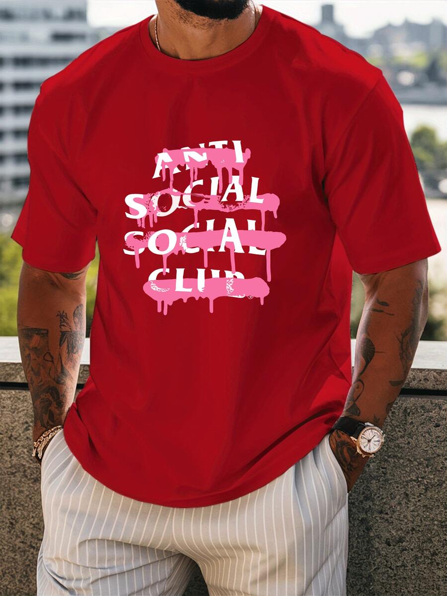 Pink Dripping Paint Artwork Representing Rebellious Anti Social Club Attitude And Bold Urban Street Culture Graphic Printed On Men's 100% Cotton Tshirt - Đỏ - Xem 1