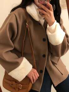 Women's Elegant Casual Wool Blend Jacket With Faux Fur Collar, Button Front Pockets, Long Sleeve Short Coat, Versatile Autumn/Winter Jacket - Khaki - View 3