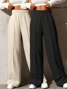 2pcs Minimalist Waffle Plaid Straight Leg Pants, Versatile For Commuting, Spring & Autumn - Black - View 5