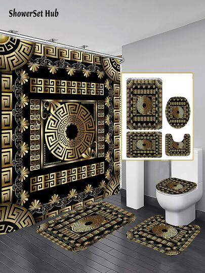 1/3/4件套豪华黑金希腊回纹浴帘浴室套装，复古几何图案防水耐磨配件，带12个挂钩 - 包括马桶盖、浴垫和地毯 - 塑料面料 - 可水洗，防霉 - 非常适合节日装饰、家居/卧室/住宅/西式/春季装饰