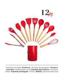 Utensilios de silicona 12 pz CH, silicona a grado gastronómica premium, mango de madera y vaso para guardarlos. incluye cucharon, cuchara, cucharon sopero y cucharon para pasta y escurridor, globo para batir  y  espátula y pinzas, colores rosa y gris - Rojo - Ver 5