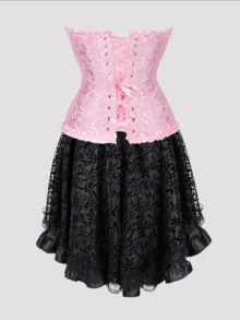 Jutrisujo Corset Dress And Skirt Set 2-Piece Style Plus Size Bustier Gothic Brocade Lace Costume Renaissance Halloween - 819pink+7056black - 查看 2