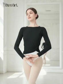 DonsGirl 女士超柔软针织芭蕾舞热身上衣（一件装） - 长袖、高腰、侧扭腰修身设计 - 黑色 - 查看 2