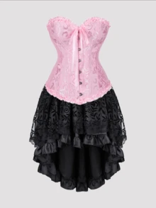 Jutrisujo Corset Dress And Skirt Set 2-Piece Style Plus Size Bustier Gothic Brocade Lace Costume Renaissance Halloween - 819pink+7056black - 查看 1
