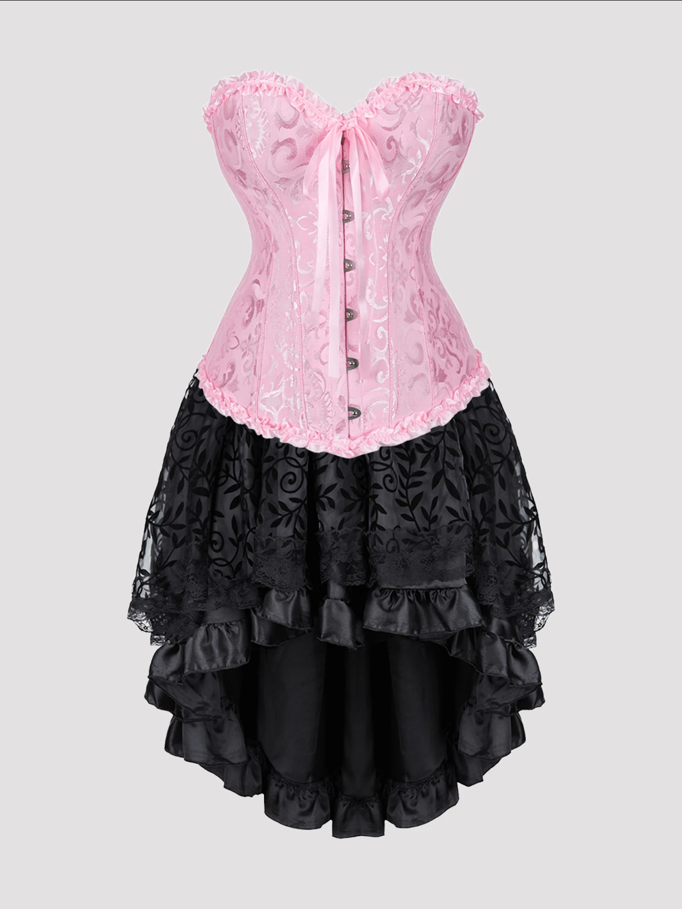 Jutrisujo Corset Dress And Skirt Set 2-Piece Style Plus Size Bustier Gothic Brocade Lace Costume Renaissance Halloween - 819pink+7056black - 查看 1