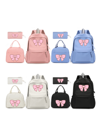 1Set Bow-Print Backpack Set, Large-Capacity Waterproof Zippered Backpack, Includes An Insulated Bag And Pencil Case, Suitable For Teenagers, High School Students, College Students, And Women For Daily Use, Commuting, And Travel. Also A Great Valentine's Day Gift.
