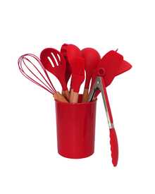 Utensilios de silicona 12 pz CH, silicona a grado gastronómica premium, mango de madera y vaso para guardarlos. incluye cucharon, cuchara, cucharon sopero y cucharon para pasta y escurridor, globo para batir  y  espátula y pinzas, colores rosa y gris - Rojo - Ver 1