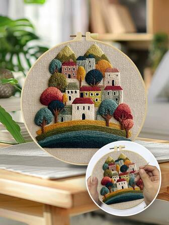 1 Kit de bordado, 15x15cm/5.9x5.9in--20x20cm/7.9x7.9 pulgadas, casa de dibujos animados, kit de bordado hecho a mano DIY, adecuado para adultos y principiantes, que incluye manual de usuario, tela impresa, marco de bordado, agujas e hilos, regalos de Navidad para familiares y amigos