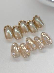 10 Pieces Of Medium To Long Almond Shaped Press On Nails, Decorated With Fine Glitter And Pearls, And Adorned With Three-Dimensional Gilded Accents, This Simple And High-End French Style Wearable Nail Set Is Shiny And Glossy. It Is A Fully Adhesive Detachable Fake Nail Set Suitable For Office Workers, Students, Party Girls, And Nail Supplies Of All Seasons. It Comes With 1 Jelly Gel And 1 Nail File.