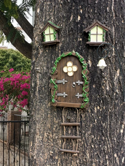 1pc Outdoor Resin Door & Window Statue - Enchanted Fairy Tale Design With Moss Cottage, Green Plants & Tree Face, Wall-Mounted Garden Decoration For Thanksgiving, Christmas, New Year Atmosphere, Outdoor Yard Lawn Decor