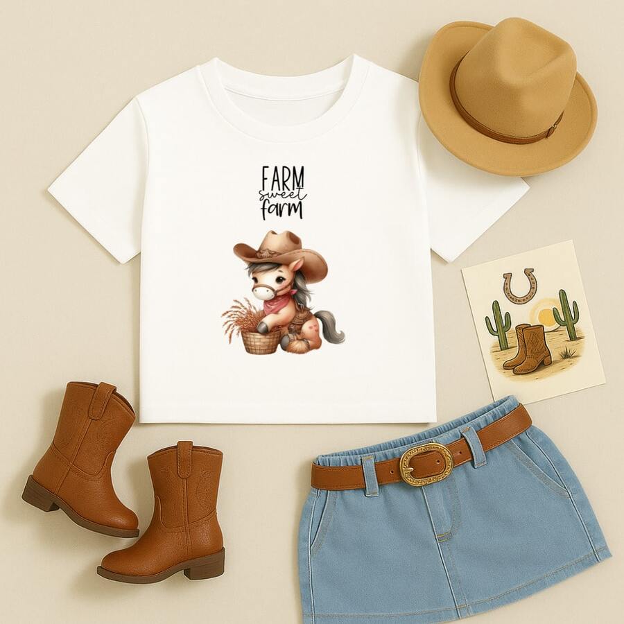 Camiseta Algodão Infantil Unissex Estampado F@rm Sweet F@rm 931 Camisa de Criança Country Fazenda Animais Campo