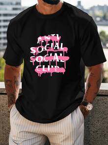 Pink Dripping Paint Artwork Representing Rebellious Anti Social Club Attitude And Bold Urban Street Culture Graphic Printed On Men's 100% Cotton Tshirt - 黑色 - 查看 6