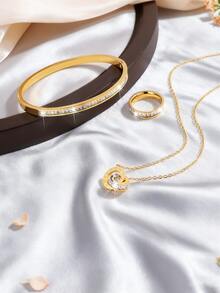 VceTd 1 Set Classic Double Circle Roman Numeral Pendant Jewelry Set, Exquisitely Embedded Glass Decor Stainless Steel Necklace/Bracelet/Ring Set, Suitable For Women's Daily, Commute, Party, Gala, Wedding, Elegant Holiday Gift