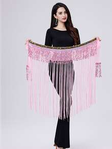 Faja de cadera con flecos largos y ribete de lentejuelas para danza del vientre de mujer, accesorio para actuaciones y práctica (disponible en varios colores) - Multicolor - Ver 4