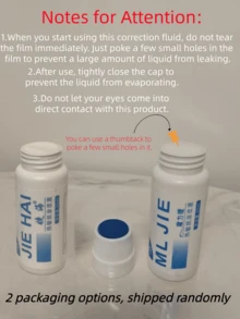 30毫升大容量热敏纸修正液——您的快速标签隐私保护神器!轻轻一抹即可遮盖敏感信息,防止数据泄露。个人隐私保护和家庭使用必备。便携式设计,配有安全盖,防止泄漏。使用前,只需用细针在密封膜上扎2-3个小孔即可。(颜色和款式随机发送) - 彩色 - 查看 8