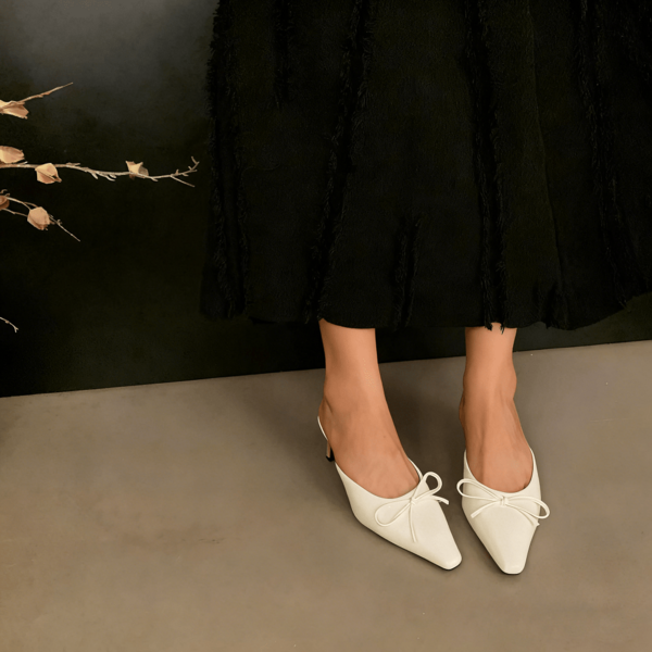 White Bow Decor Mule Slippers, Festive Occasion & Date Pointed Toe Slip-On Shoes
