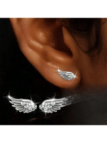 Pair Of Women's Fashion Ear Studs With Angel Feather Wings, Light Luxury Style, 1.12g925 Silver Inlaid Synthetic Synthetic Zirconia, Suitable For Daily Wear, Parties, Vacations, Gifts And Beach - Bạc - Xem 1