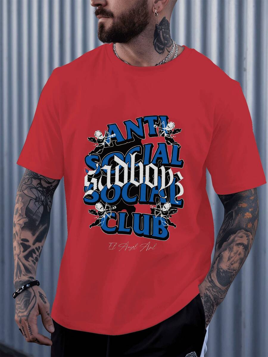 Anti Social Sadboy Club With Cherubic Angels Wielding Bows Adorn This Tee.The Melancholic Gothic Font Conveys A Sense Of Edgy Introspection Perfect For Everyday Wear 100% Cotton - 紅色 - 查看 1