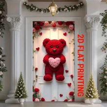 Bandera de puerta 2D, Bandera de puerta de Día de San Valentín con oso de peluche rojo y corazón - Decoración romántica de entrada, Telón de fondo para fiesta interior/exterior - Rojo - Ver 6