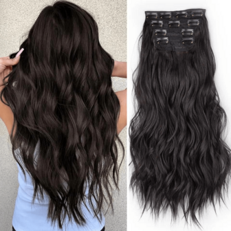 4 piezas de extensiones de cabello con clip de fibra sintética, mechones ondulados gruesos de 20 pulgadas, peluca de cabeza completa con degradado de color ombre para mujeres