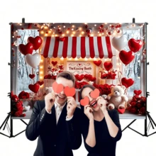1件情人节接吻亭背景，带有可爱的泰迪熊爱心和浪漫装饰，情人节、节日摄影道具，适用于派对、婚礼和活动，情人节装饰，婚礼派对用品，周年纪念爱情主题，花园派对墙面装饰，摄影背景。