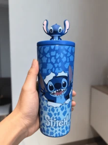 星际宝贝3D立体史迪奇吸管杯（710毫升）——双层保温杯，蓝色豹纹印花，带有立体史迪奇图案和3D史迪奇杯盖，非常适合办公桌/旅行/日常补水，是粉丝/史迪奇收藏家/青少年的理想之选，也是生日/情侣的绝佳礼物。