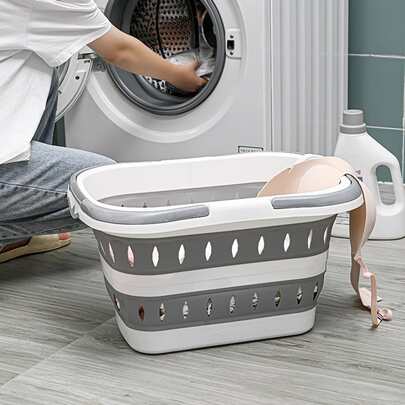 1pc Space-Saving Collapsible Laundry Basket With Handle - Portable Plastic Storage Organizer For Bathroom And Laundry Room, Casual Style, Elongated Shape, With Handle, Laundry Baskets