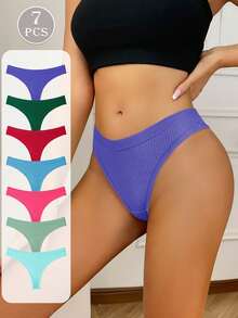 7pcs Solid Color Ribbed Cotton Sexy Bikini Thong Panties, Comfortable Minimalist Seamless Elastic Women's Underwear - Multicolor - View 3