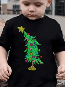Árbol de Navidad verde con estrella dorada y esferas de colores brillantes que transmiten alegría festiva ropa para niños camiseta 100% algodón - Negro - Ver 7