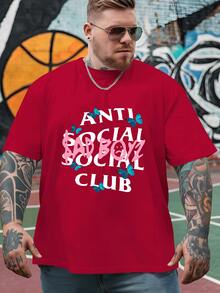 Blue Butterflies Surrounding Bold Anti Social Club Text With Pink Sad Boyz Lettering Expressing Individuality And Emotional Depth 100% Cotton Men's Tshirt - 紅色 - 查看 1