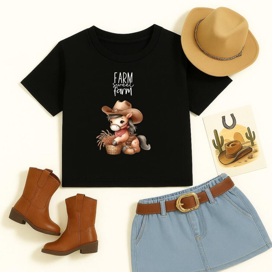 Children's Unisex Cotton T-Shirt With Print, F@Rm Sweet F@Rm 931, Country Style, Farm Animals, Countryside - Black - View 1