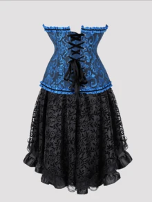 Jutrisujo Corset Dress And Skirt Set 2-Piece Style Plus Size Bustier Gothic Brocade Lace Costume Renaissance Halloween - 819black blue+7056black - 查看 2