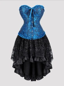 Jutrisujo Corset Dress And Skirt Set 2-Piece Style Plus Size Bustier Gothic Brocade Lace Costume Renaissance Halloween - 819black blue+7056black - 查看 1