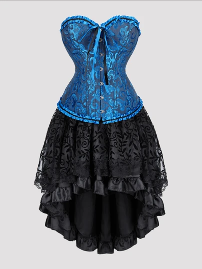 Jutrisujo Corset Dress And Skirt Set 2-Piece Style Plus Size Bustier Gothic Brocade Lace Costume Renaissance Halloween
