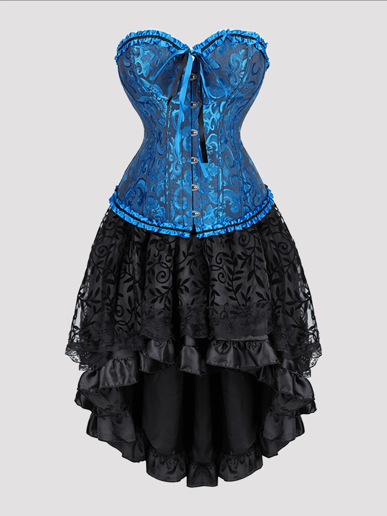 Jutrisujo Corset Dress And Skirt Set 2-Piece Style Plus Size Bustier Gothic Brocade Lace Costume Renaissance Halloween - 819black blue+7056black - 查看 1